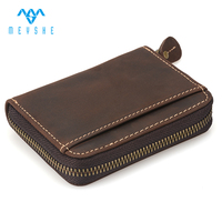 Dompet Kartu Kulit Asli Crazy Horse Berkualitas Tinggi Custom, Dompet Koin Pendek RFID dengan Ritsleting Vintage Unisex