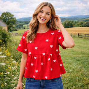 Chemisier décontracté et élégant pour femme en mélange lin-coton, personnalisé, avec fermeture boutonnée à découpe dorsale, imprimé cœurs roses, taille froncée et ourlet évasé - Product Image 4