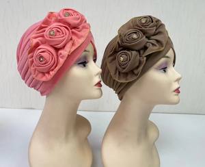 MH-1194 Großhandel Turban Hut Haar Zubehör Strass Turban für Frauen Kopf wickel Muslim Hut Soft Flower Turban - Product Image 1