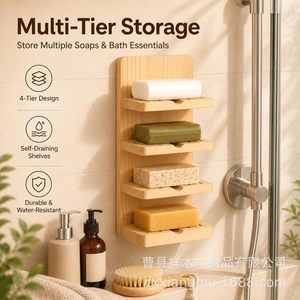 Soporte de jabón de madera para montar en la pared, estante de drenaje multicapa para almacenamiento de jabón en el baño - Product Image 3