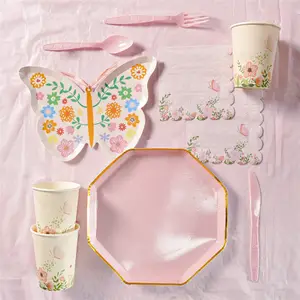 QAKGL新设计纸盘餐具套装粉色一次性女孩生日派对装饰生日餐具