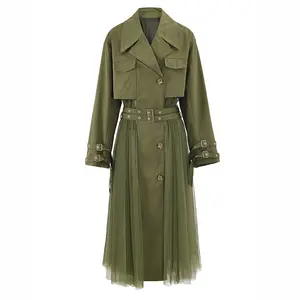 Bettergirl Leisure mesh patchwork green trench coat for women's temperament long loose double row multi button coat