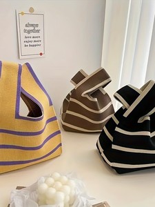 Bolso de mano de punto con bloques de color y rayas horizontales, informal, portátil, para mujer, para uso diario al aire libre - Product Image 1