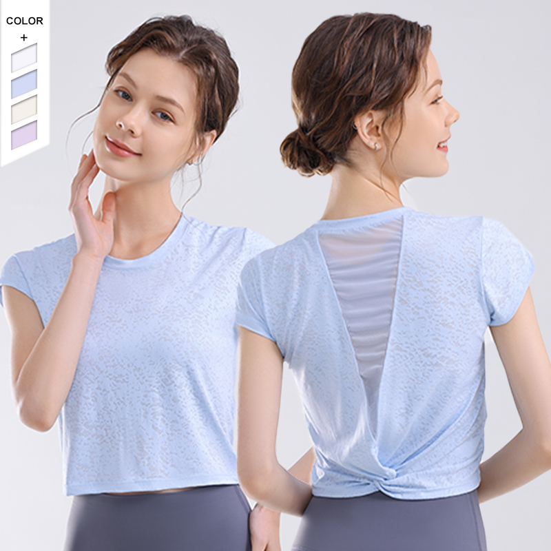 2023 New Style Mesh Stitching Round Neck Pilates Outwear Kink Design Yoga Fitness Sports T-Shirt