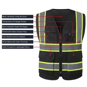 سترة عمل شبكية صيفية سوداء للرجال والنساء بشعار مخصص للبناء مرحبا فيس ملابس العمل مع جيوب وسحاب أمامي - Product Image 2