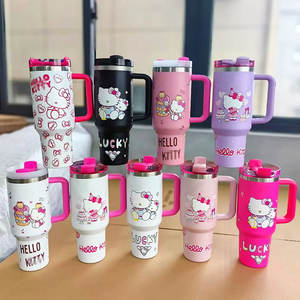 Vaso de agua de acero inoxidable de 40 oz con diseño de dibujos animados, botella de agua Kawaii con asa, taza de café aislada para viaje en coche - Product Image 1