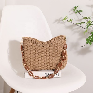 Bolso Tote de Playa para Mujer, Color Morado Sólido, Tejido de Paja, Cierre de Cremallera, Forro de Poliéster, Portátil, para Otoño/Primavera - Product Image 4
