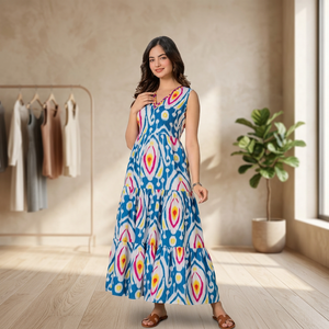 Robe Anarkali décontractée pour femme en mélange de coton tissé, col en V, brodée, sans manches, imprimé floral/géométrique, coupe évasée, longueur cheville - Product Image 2
