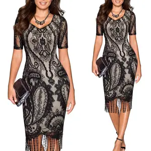 New Women Girls Lace Sexy V-neck Short Sleeve Dress Tassel Pencil Slim Casual Party Evening Cocktail Dress