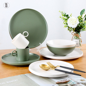 Juego de vajilla minimalista nórdico de cerámica, blanco y verde, redondo, de color sólido, para el hogar, caja de regalo DT0034 4 - Product Image 4