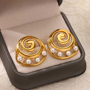 Boucles d'oreilles pendantes tendance en zircon et perles, motif fleur, en acier inoxydable plaqué or 18 carats, inaltérables, style géométrique - Product Image 3