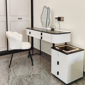 Modern Pine Wood Panel <b>Makeup</b> <b>Dressing</b> <b>Table</b> with LED Removable Mirror White Corner Vanity for Women Bedroom Furniture - Product Image 6