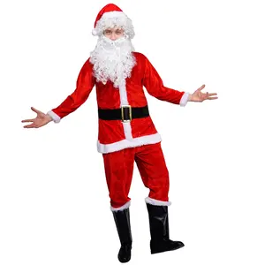 Volwassen Mannelijke Rode Santa Pak Met Kanarie Fluwelen Hoed Kerst Cosplay Party Kostuum