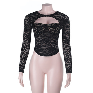 Eleganti Top e Bluse da Donna Nere in Pizzo a Maniche Lunghe con Cut-out, Aderenti e Sexy, Crop Top Casual da Donna, Nuovi Arrivi 2026 - Product Image 4