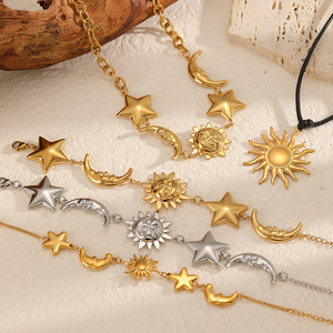 Star Moon Sun Stainless Steel Necklace <b>Bracelet</b> <b>Set</b> For Women Fashion Jewelry Clavicle Chain Party Gift Gold Silver Tone - Product Image 1