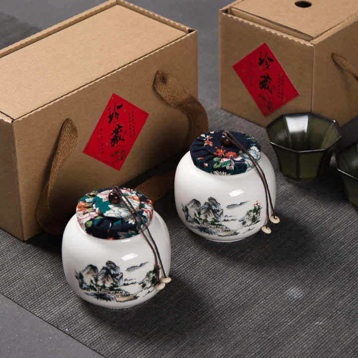 White Porcelain Tea Pot , Ceramic Small Tea Packaging Box, Sealed Double Cans With Wooden Cover