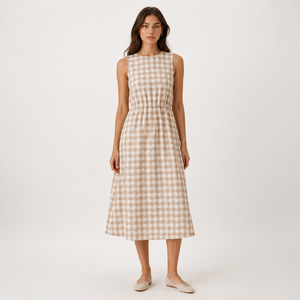 Robe midi sans manches en gingham beige personnalisée pour femme, col rond, taille élastique, en coton et lin, coupe trapèze, robe <span class=keywords><strong>d</strong></span>'été OEM ODM pour marques - Product Image 1