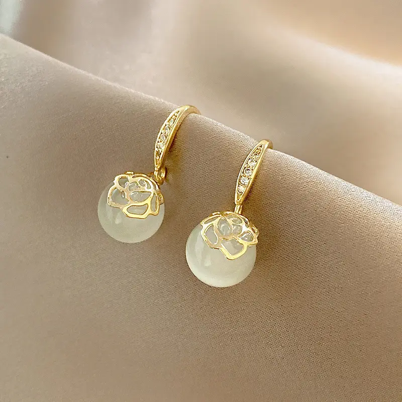 Boucles d'oreilles en pierre d'opale de luxe doré Rose fleur boucle d'oreille crochet Zircon boucles d'oreilles goutte femmes bijoux