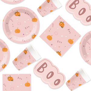 DAMAI Happy Birthday Theme Party Supplies <b>Disposable</b> Paper Plates Napkins Pink with Pumpkin Boo-shaped Tableware Set - Product Image 3