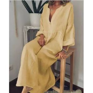 Abito <span class=keywords><strong>lungo</strong></span> allentato in cotone di lino per le donne <span class=keywords><strong>vestito</strong></span> estivo Casual da ufficio da esterno Maxi abito a <span class=keywords><strong>tre</strong></span> <span class=keywords><strong>quarti</strong></span> di <span class=keywords><strong>manica</strong></span> - Product Image 1
