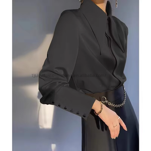 Women's <b>Satin</b> Shirt Wide Collar Long Sleeve Gem Button Detail Formal Office <b>Blouse</b> Fashion - Product Image 3