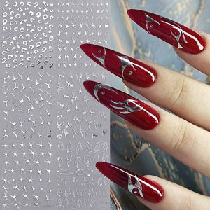 6 autocollants pour ongles dorés Y2K, <span class=keywords><strong>argent</strong></span>és métalliques, motifs abstraits, lignes ondulées irrégulières, léopard, étoile, creux, style gothique, à presser - Product Image 3