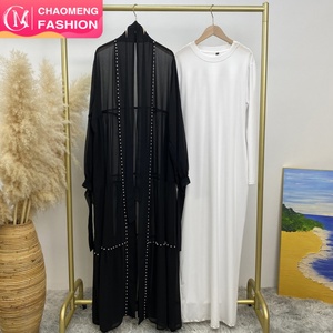 1964+6435# Latest Chiffon Abaya <b>Set</b> Lace up Cuff Gorgeously White Pearls Cardigan Match Spandex White Inner Dress Women Abaya - Product Image 1