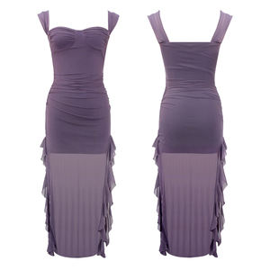 Kadınlar İçin Büzgülü File Fırfırlı Mini Elbise |    Slash Yaka Kolsuz İmparatorluk Bel Bodycon Parti Kokteyl Elbisesi (Lila) Plaj Stili - Product Image 4