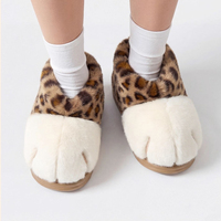 Chaussons en peluche pour femmes, motif patte de chat, bottes hautes en coton, imprimé léopard, chaussures d'intérieur moelleuses avec semelle extérieure antidérapante en EVA