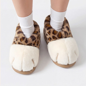 Women Cute Cat Paw Plush <strong>Slippers</strong> High Ankle Cotton <strong>Boots</strong> Leopard Print Fluffy Home Footwear <strong>With</strong> Anti Slip EVA Outsole - Product Image 4