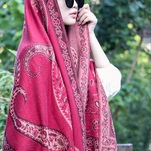 Écharpe-châle double usage pour femme, en <span class=keywords><strong>imitation</strong></span> cachemire épaissi, motif Paisley, style ethnique occidental Feuille du Sichuan, pour l'automne et l'hiver, idéale pour les voyages - Product Image 2