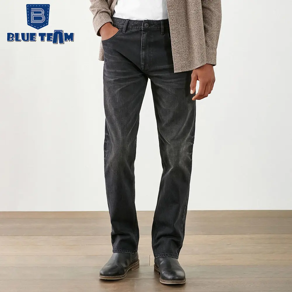 Blue Team | Benutzer definiertes Logo Fabrik preis Baggy Black Jean Männer Straight Leg Regular Jean Homme de Mode Gros siste Jeans hose für Männer