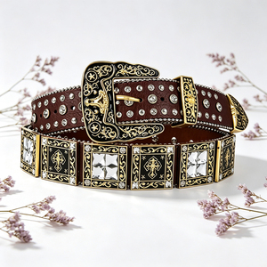 <b>Western</b> Cowboy Cross Pattern Rhinestone Leather <b>Belt</b> Wide Gold Engraved Alloy Buckle Bling Crystal Studded <b>Belt</b> For <b>Men</b> Women - Product Image 1