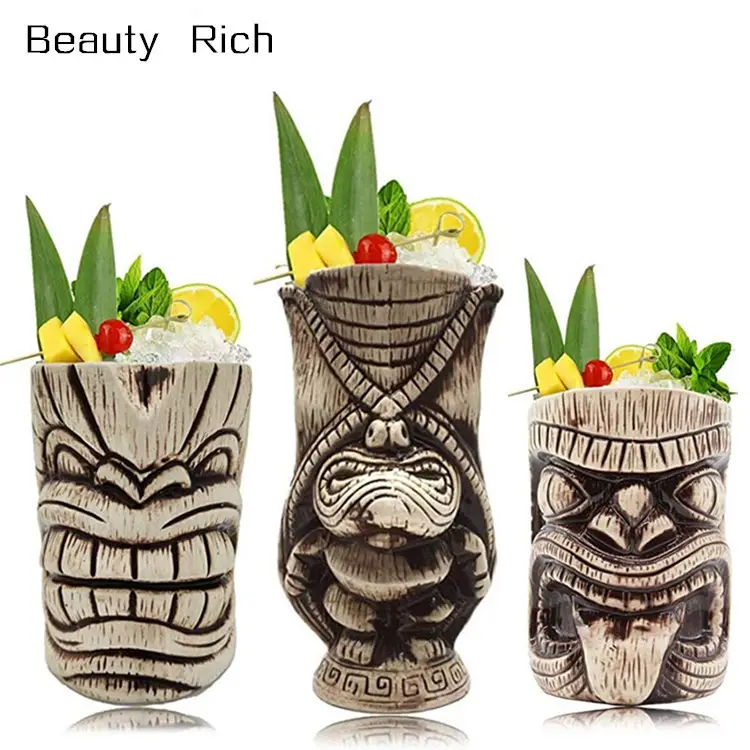 Ceramic Tiki Mug Set Cocktail Mugs for Mai Tai Punch Pina Colada and Tropical bar Drinks (TIKISET)