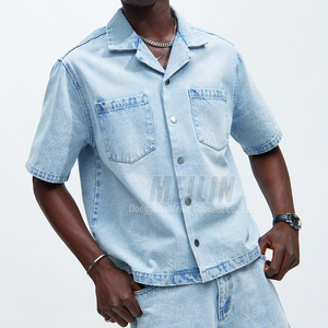 Produttore personalizzato due pezzi da uomo Jean Set in bianco di alta qualità camicie con bottoni a manica corta e pantaloncini di <span class=keywords><strong>jeans</strong></span> Street Wear Denim Set - Product Image 3