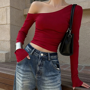 Camiseta de Mujer con Hombros Descubiertos, Color Sólido, Manga Larga, Corte Holgado, Sexy, Blusa Informal de Verano para Club, Personalizable OEM - Product Image 2