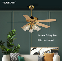 Ventilateur de plafond de luxe classique antique doré avec ampoule, style rétro, 52 pouces, en contreplaqué, pour salon, avec éclairage