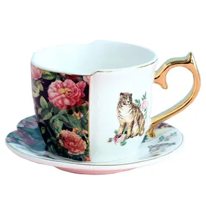 Europese Vintage Luxe Tiger Rose Onregelmatige Keramische Koffie Kop En Schotel Kopje Thee Set