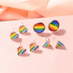 ZJ-142 Wholesale Cute Ear Jewelry Fashion Metallic Alloy Metal Enamel Round Triangle Heart Rainbow Stud Earrings Women