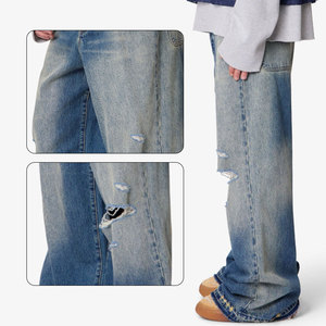 Orta Mavi Renkli Eskitme Yıkama Kot Pantolon Yırtık Detaylı Geniş Paça Y2K Jean Erkek Bol Paça Özel Logolu Kot Pantolon - Product Image 3
