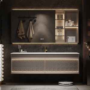 Meuble de salle de bain mural de luxe moderne avec lavabo intégré en céramique de style hôtelier et miroir intelligent - Product Image 1