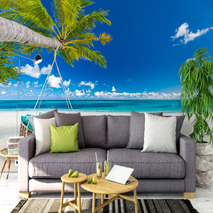 Papel Tapiz Mural 3D Moderno con Palmeras Tropicales, Cielo <span class=keywords><strong>Azul</strong></span> y Paisaje Oceánico, Ideal para Sala de Estar, Dormitorio u Hotel, Resistente al Agua - Product Image 2
