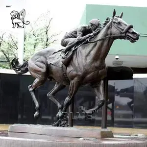 BLVE अनुकूलित आउटडोर सजावट जीवन आकार हॉर्स रेसिंग कांस्य घोड़े और आदमी प्रतिमा सवारी मूर्तिकला
