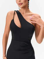 Robe longue sirène noire asymétrique à découpes, froncée sur le côté, avec fente haute, moulante, pour soirée, fabriquée sur mesure par l'usine source ODM