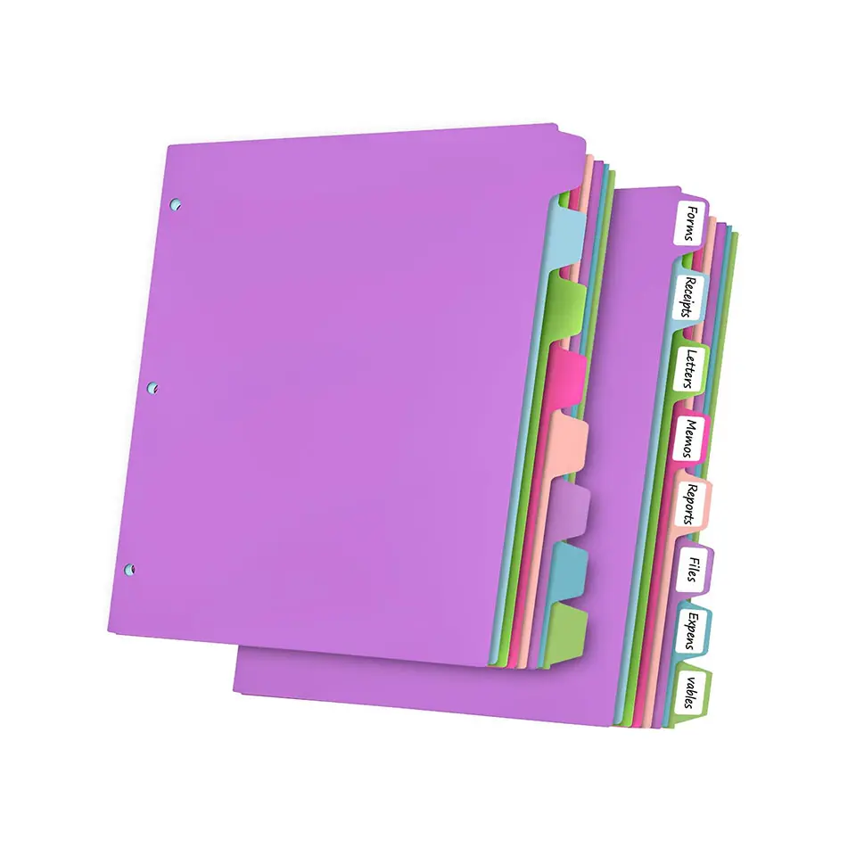 Factory Price Office Stationery 8-Tab Plastic File 3 Hole Ring Binder Index Divider for Stationery material