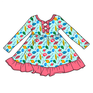 Vestito per Bambina con Stampa a Foglie e Maniche Lunghe in Seta di Latte con Fiocco sul Retro e Tulle - Product Image 3