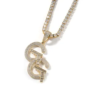 Nieuw Ontworpen Hiphop Gold Iced Out Micro Pave Cz Diamant Dubbel C Dubbel Schieten Geweer Ketting Charmes