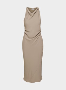 Vestido Midi Halter con Cuello Drapeado para Mujer, Elegante Vestido Ceñido sin Mangas con Cintura Fruncida, Color Taupe Sólido, para Fiestas Formales y Cócteles - Product Image 5