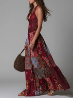 Robe longue patchwork bohème pour femme Joydressing, sexy, col en V, boutonnée, sans manches, motif floral ethnique, pour soirée, personnalisable