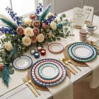 Juego de Platos de Cerámica Minimalistas Modernos, Vajilla de Porcelana de Lujo con Borde Colorido para Bodas, Plato Geométrico con Rayas para Ensalada y Postre